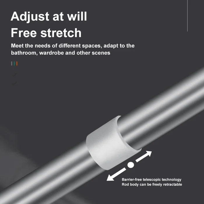 Close-up detail of the silver stainless-steel tension rod with telescoping sections for length adjustment