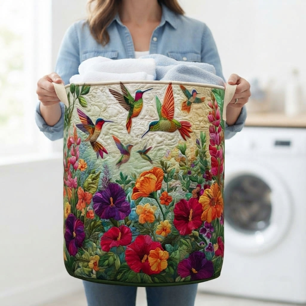 Another view of the quilted floral hamper being carried by cream canvas handles.