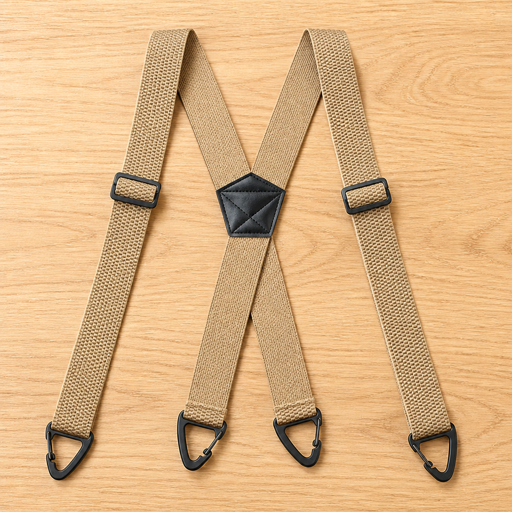 Beige X-back suspenders laid flat with four black clips and a black stitched center patch.