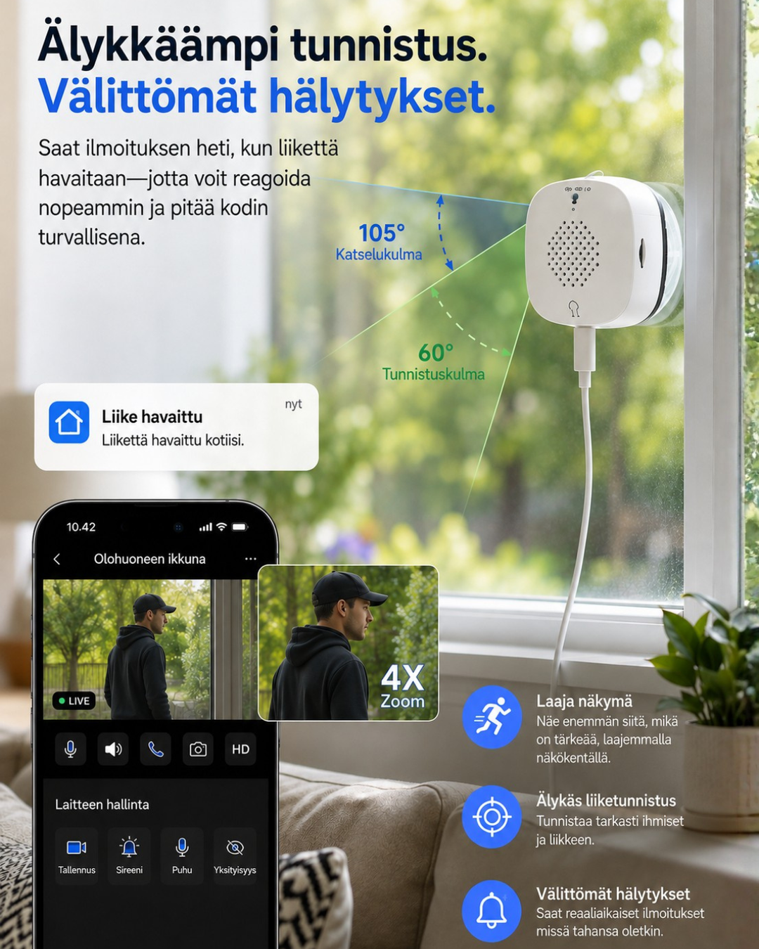 Camera mounted on a window with viewing and detection angles marked, plus a phone showing a motion alert and 4x zoom. 4