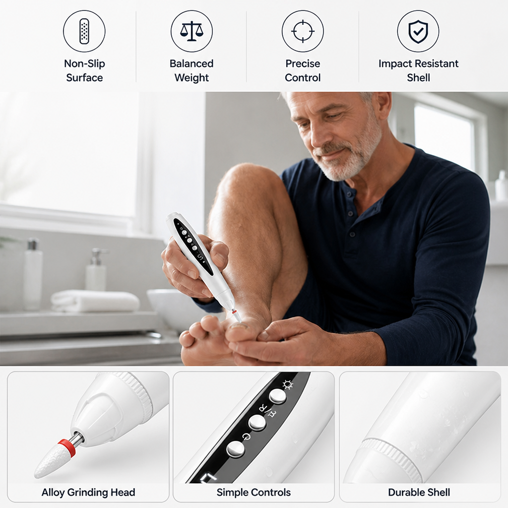 Man using the white drill on his toenail, with three close-ups below of the grinding head, button panel and outer shell. 4