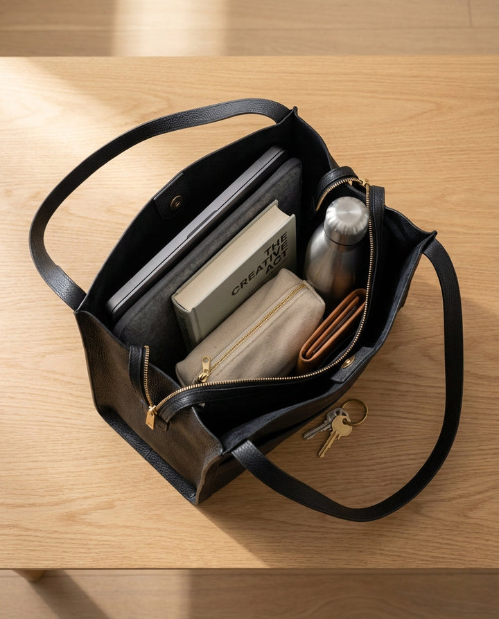 Overhead view into an open brown tote holding a laptop, book, bottle, pouch, wallet and keys, with a zip pocket inside.