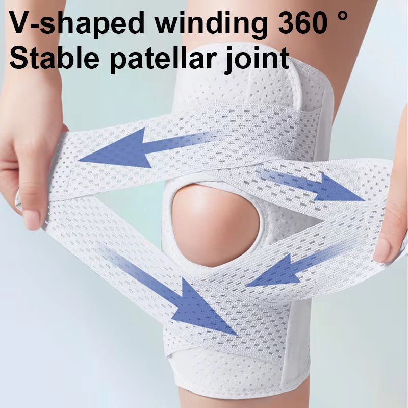 Hand stretching the crossed straps of a white mesh knee wrap, with blue arrows showing the winding direction around the kneecap. 7