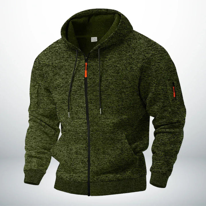 Front view of the hoodie in heathered olive green, with ribbed cuffs and hem and a sleeve zip pocket 4