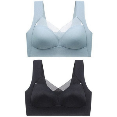 Two wide-strap seamless bras with sheer V-neck mesh panels, one light blue and one black 21