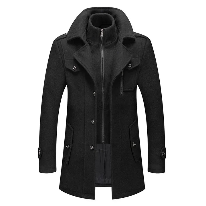 Black coat from the front, showing the double collar, chest zip pocket and button front 4