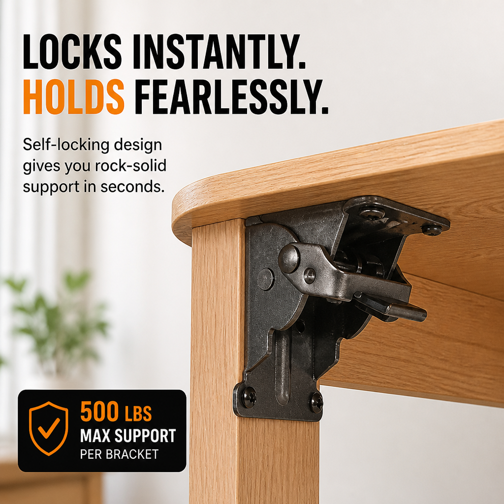 Dark folding bracket holding a wooden table leg, with a 500-pound support badge.