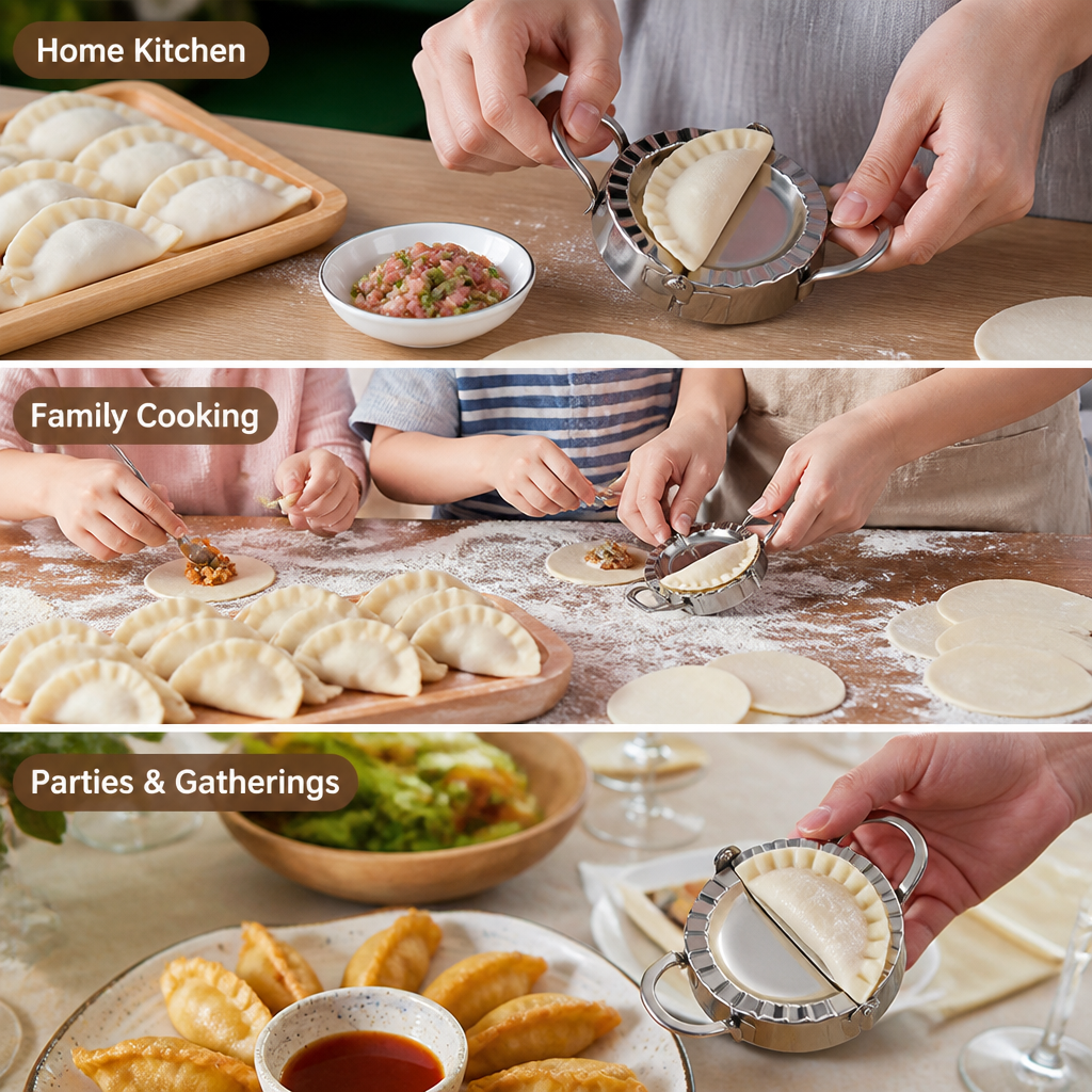 Three scenes of hands using the dumpling mold in a home kitchen, family cooking and party setting 5