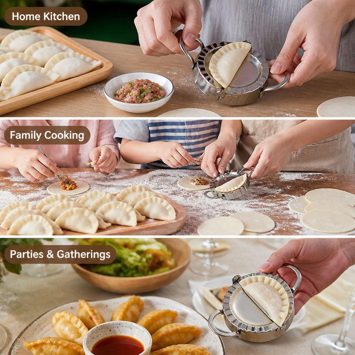 Three scenes of hands using the dumpling mold in a home kitchen, family cooking and party setting 5