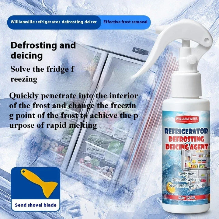 Spray bottle in front of a frost-covered fridge, with a yellow scraper icon in the corner 4
