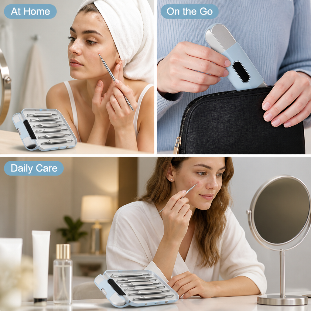 Collage of the open tool case on a vanity, the case slipping into a black pouch, and a woman using an extractor at a mirror. 5