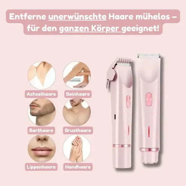 Pink trimmer with a comb guard beside a second pink head, with circles showing underarm, leg, beard, chest, lip and hand areas.