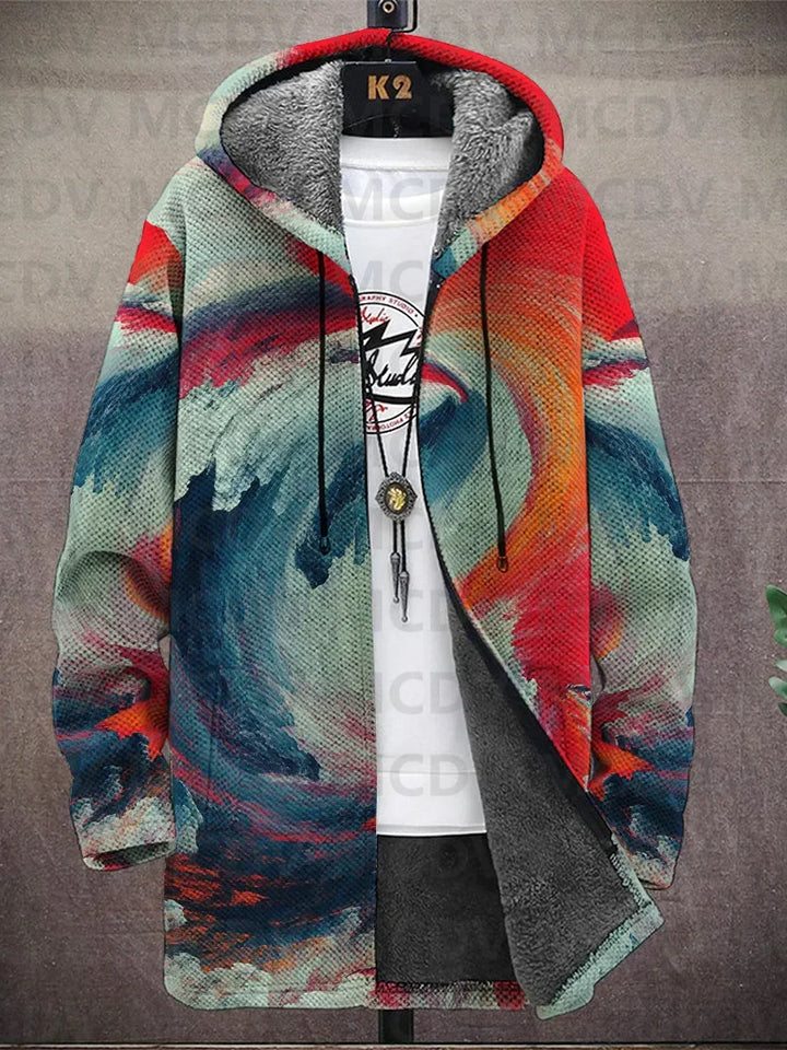 Hooded jacket on a hanger in a red, teal and blue swirling wave print, open to show lining 4