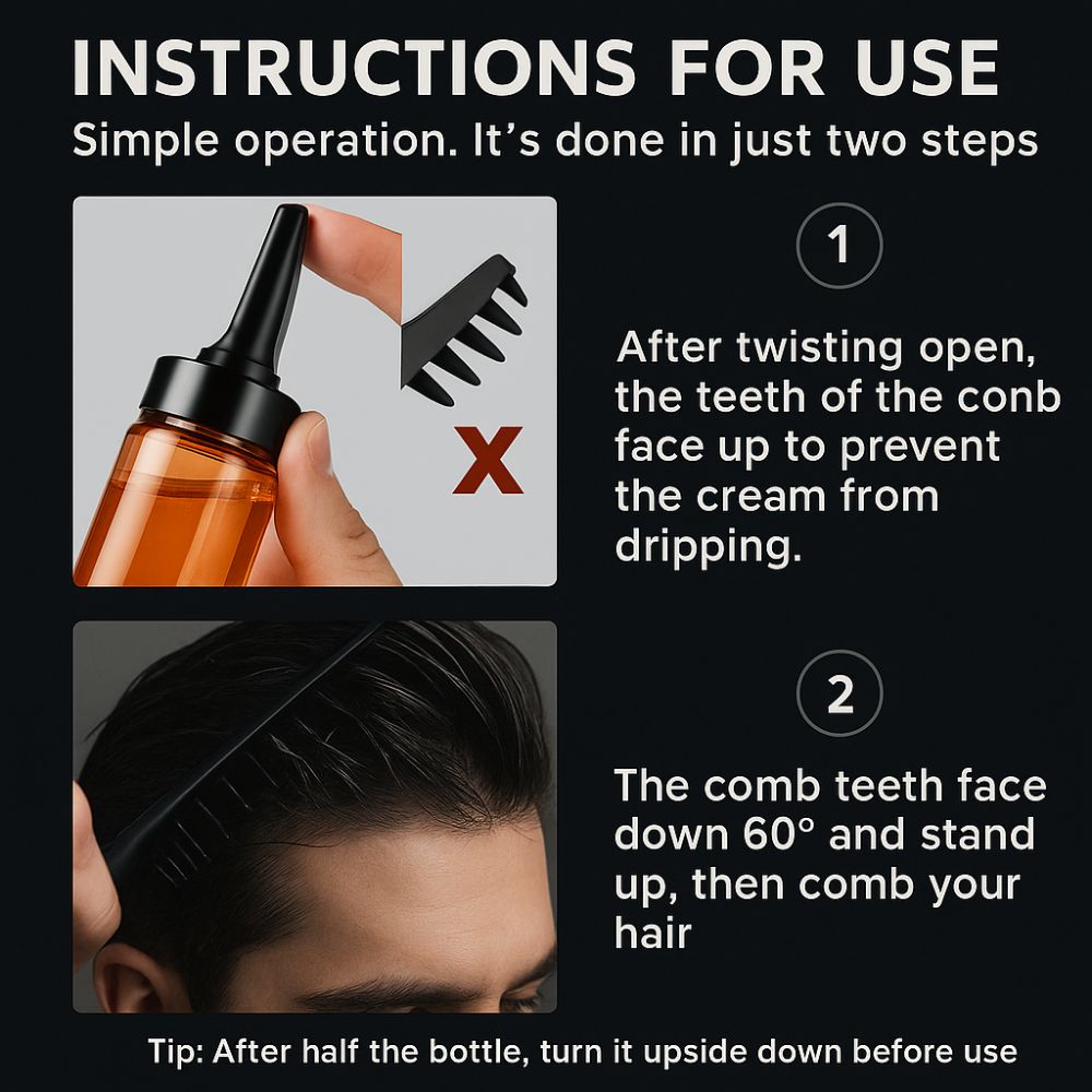 detail of the amber gel bottle with a comb-tipped cap and a man's dark hair being styled