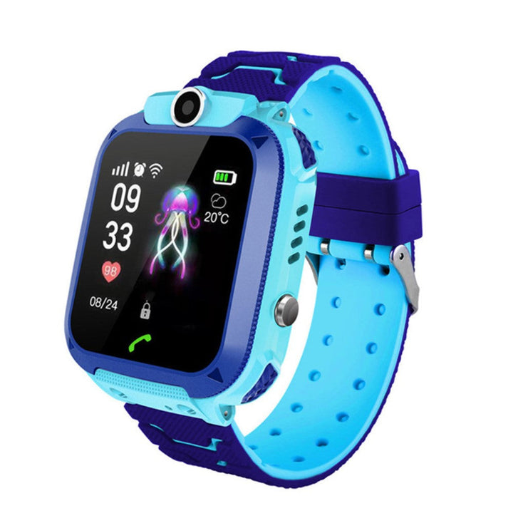Single light blue and navy kids smartwatch angled to show the screen with a jellyfish watch face, front camera, side button and dotted strap. 6