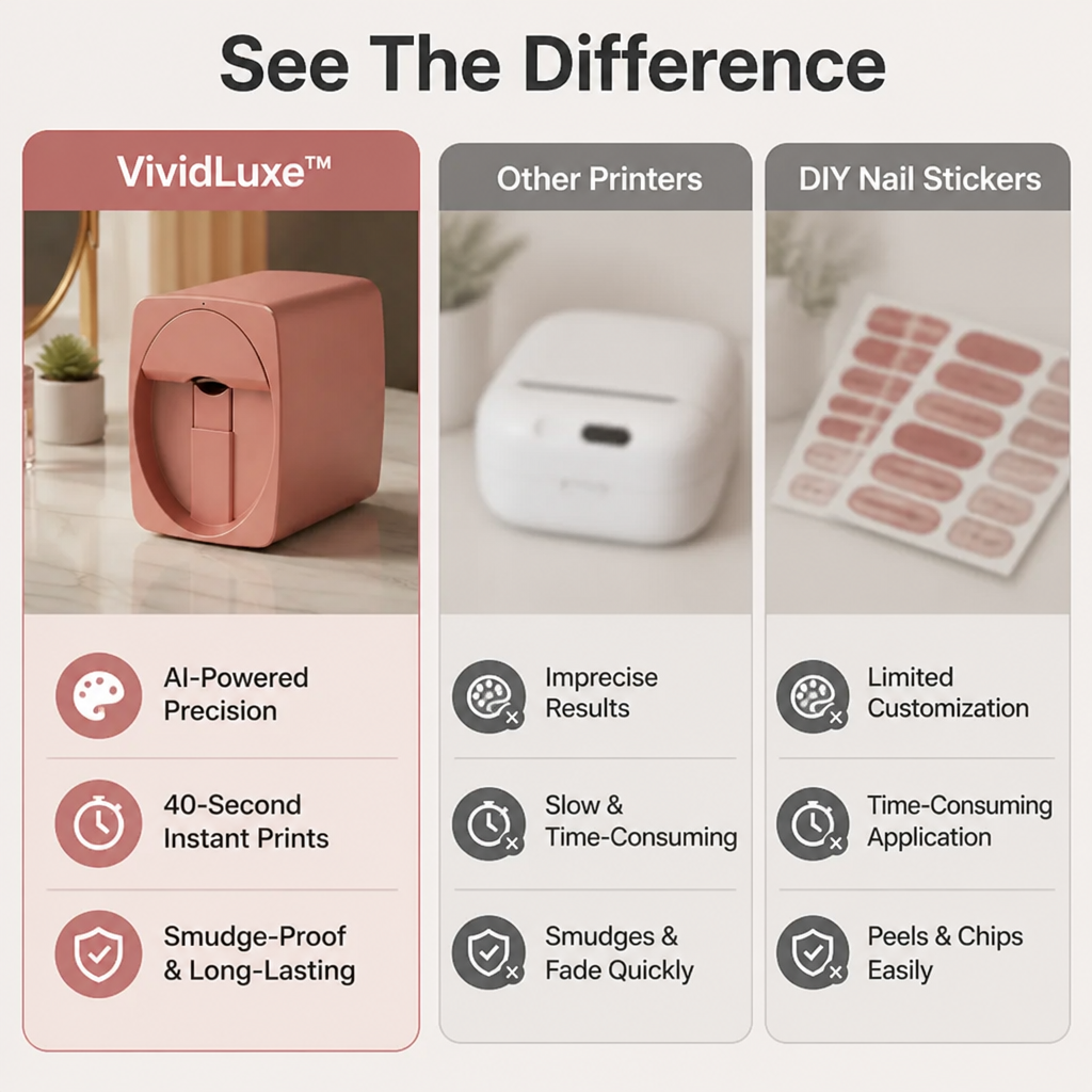 Comparison chart setting the pink printer against a white generic printer and a sheet of nail stickers, with benefit icons beneath each. 5