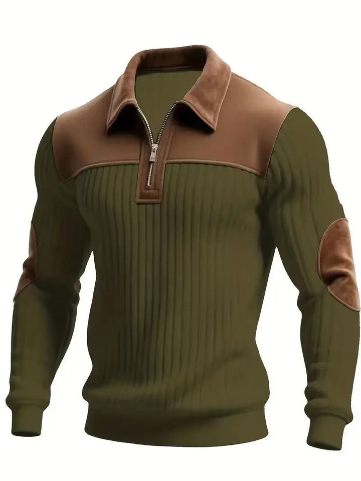 Olive green ribbed pullover on a ghost mannequin, with brown collar, shoulder panels and oval elbow patches 4