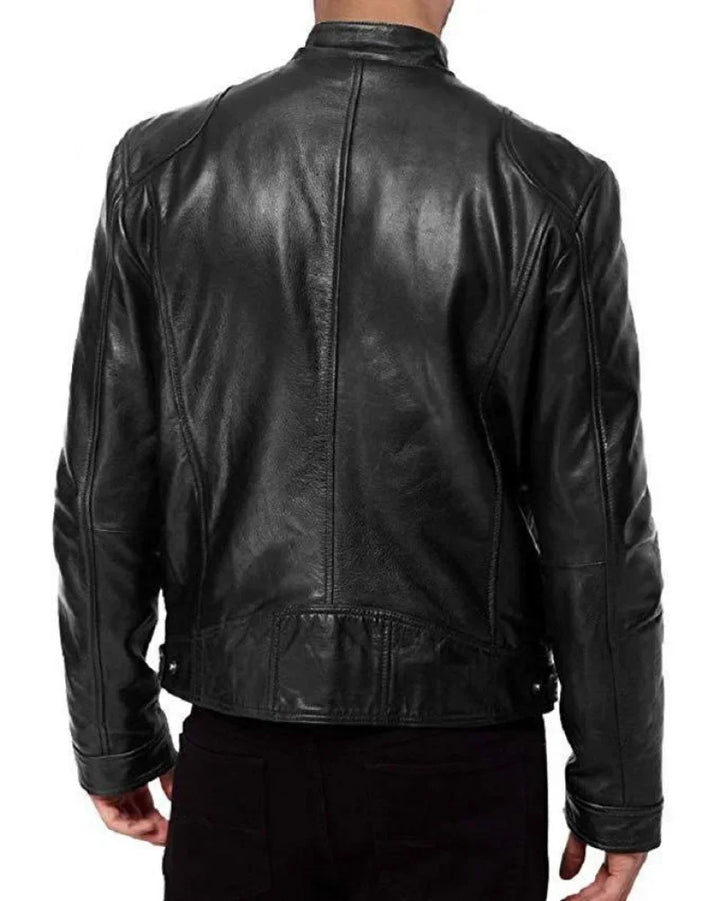 Back view of a black leather jacket on a model, showing seams and waist tab 4