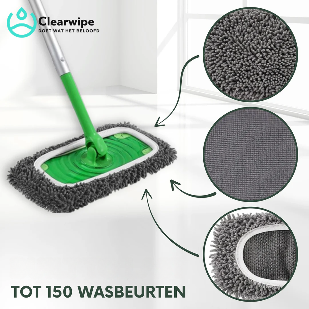 Gray chenille pad on a green mop head with three close-up circles showing the fluffy strands, flat weave and white edging.