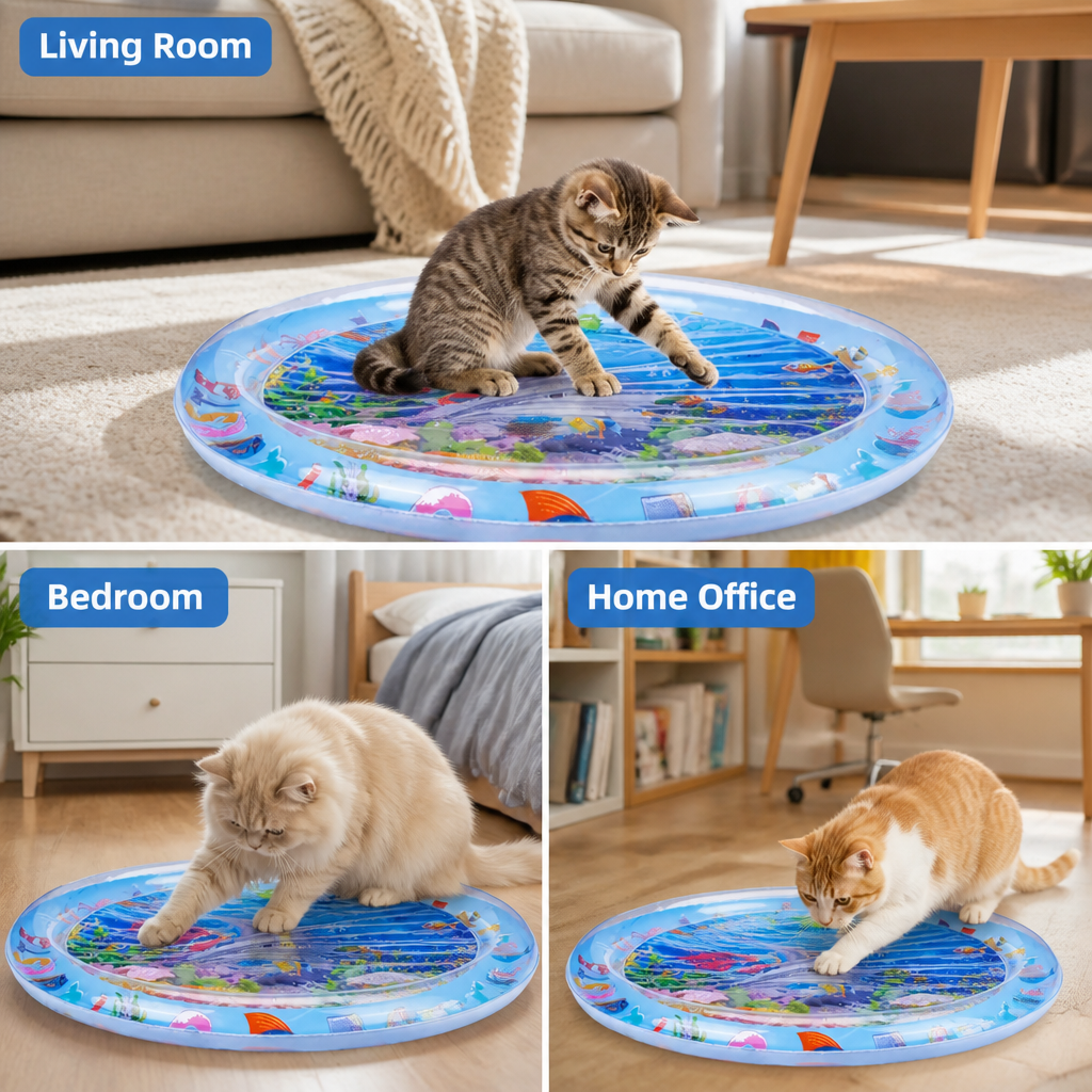 Cat Water Play Mat in three rooms with cats playing on the round mat.