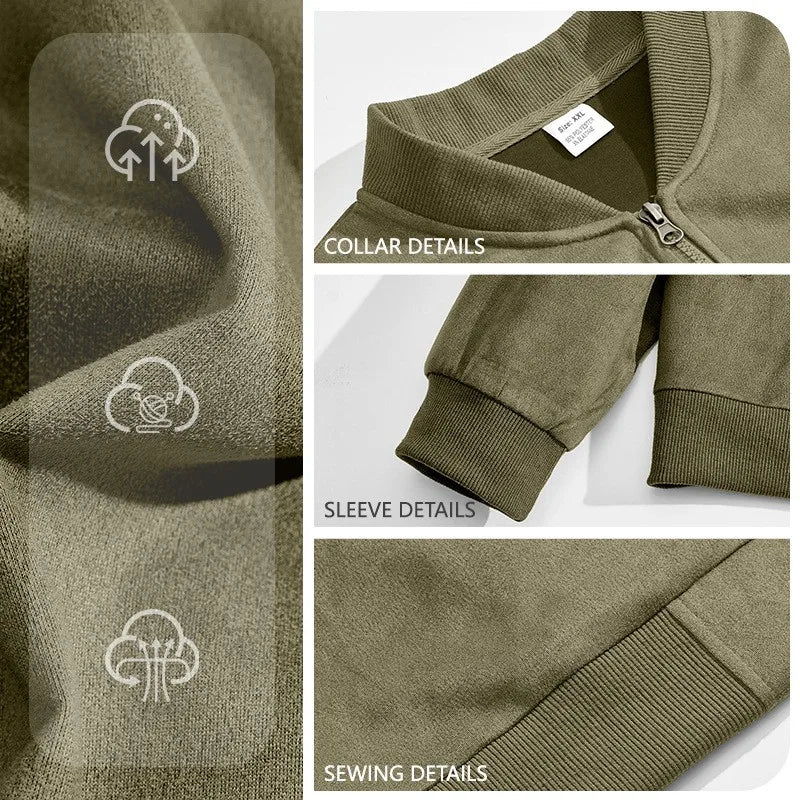 Olive green jacket fabric with feature icons and close-ups of the collar, sleeve cuff and seam details 4