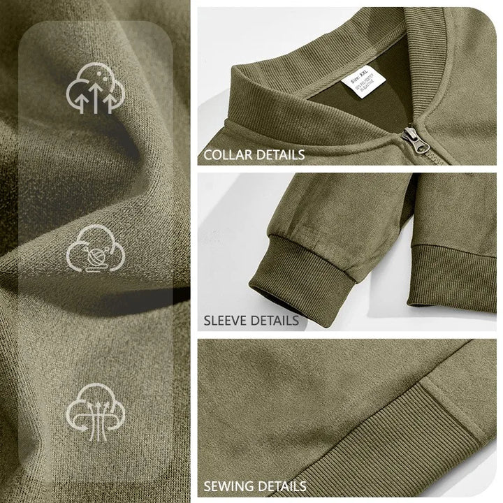Olive green jacket fabric with feature icons and close-ups of the collar, sleeve cuff and seam details 4