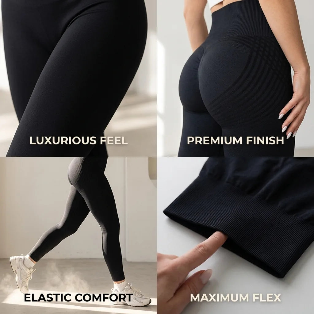 Four-panel collage of black leggings showing a close-up of the fabric, the rear stripe pattern, a model in motion, and a stretching waistband. 7