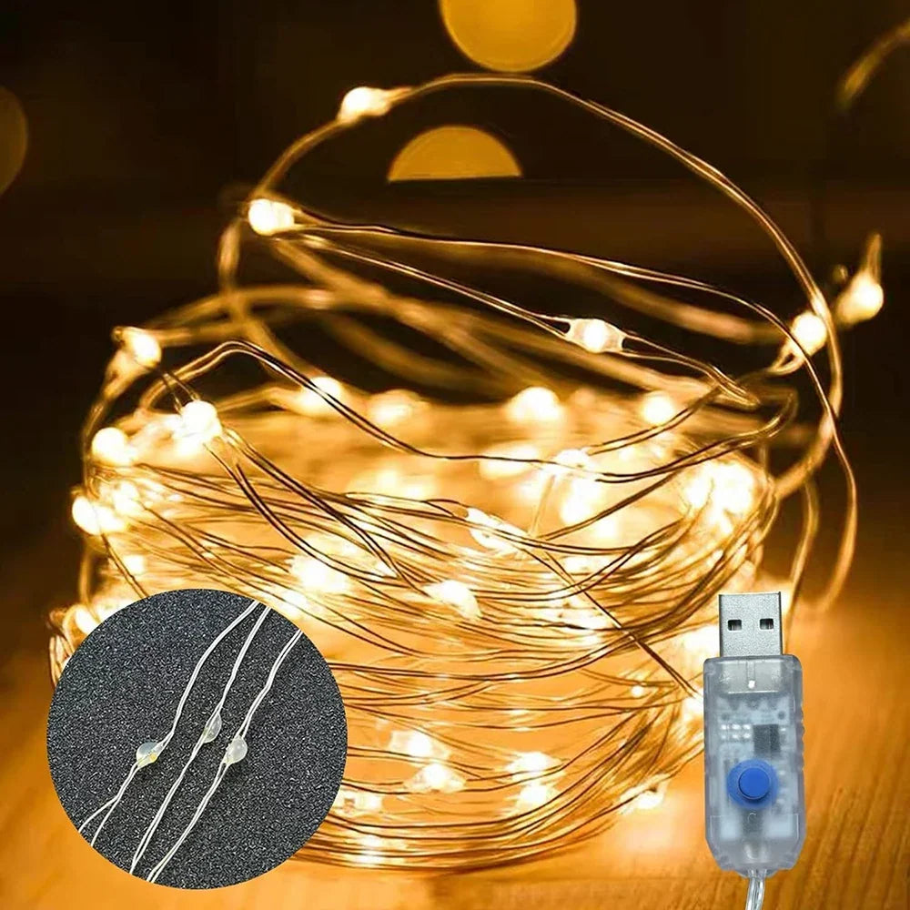 Warm glowing light coil with a close-up inset of the tiny LED beads on thin wire 4