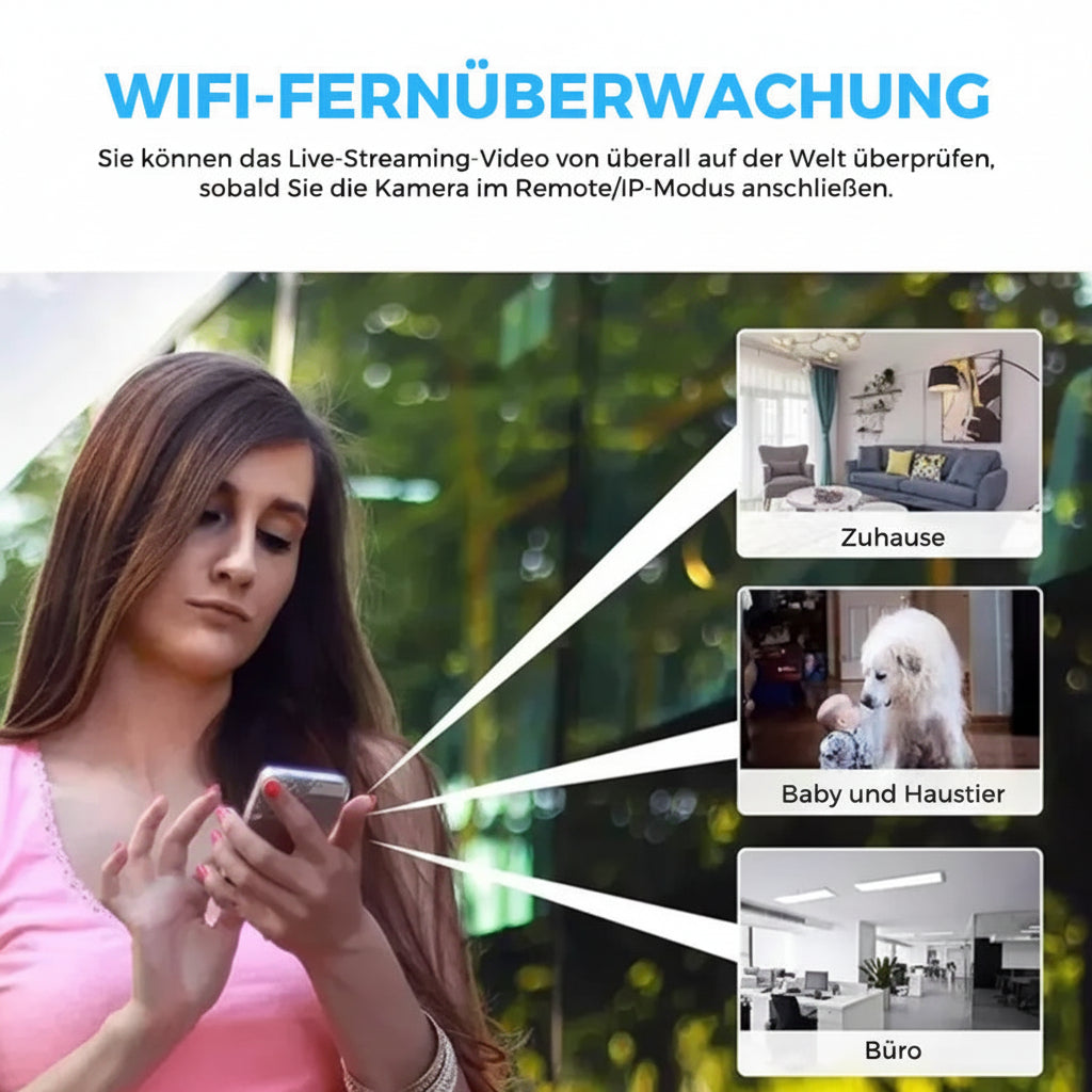 Mini WiFi Security Camera 1080p shown with a woman checking live views on her phone