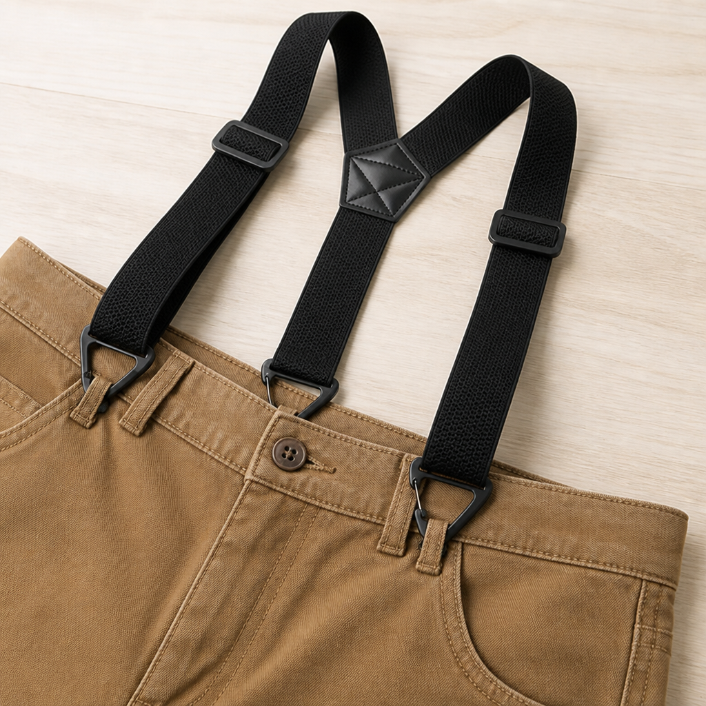 Black elastic suspenders with metal clips hooked onto tan pants.