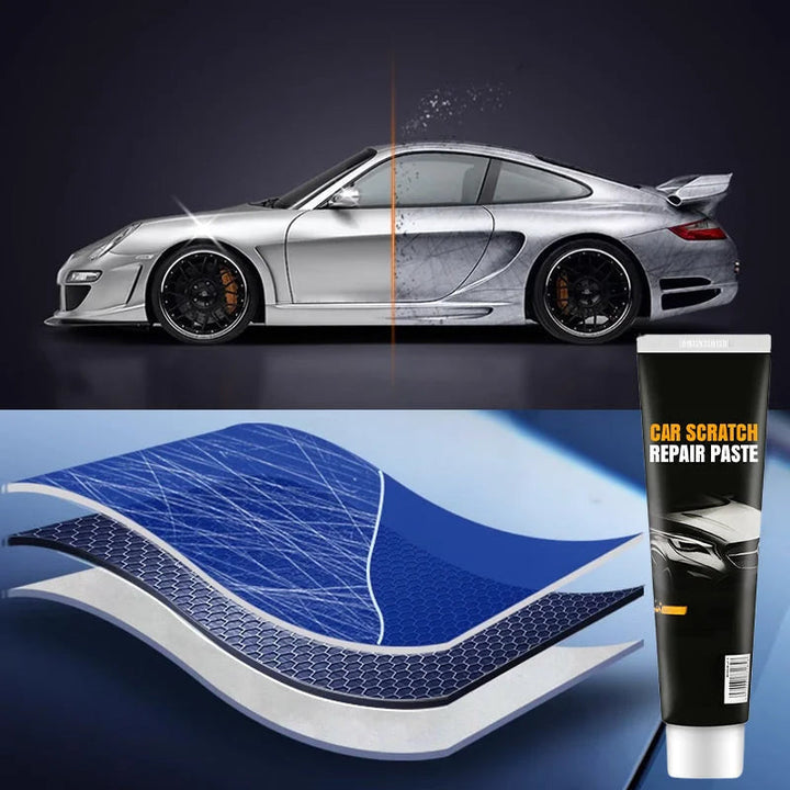 A silver sports car split between a scratched side and a polished side, above a layered diagram of scratched paint, with the tube at right. 4