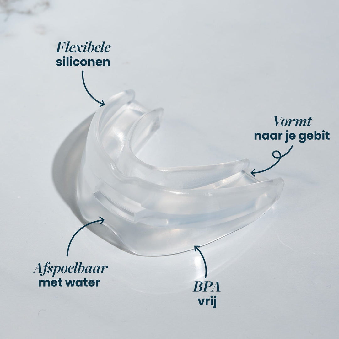 Close-up of the clear flexible silicone recovery mouthpiece with feature labels.