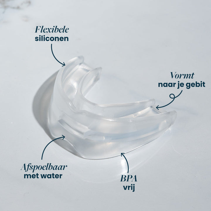 Close-up of the clear flexible silicone recovery mouthpiece with feature labels.