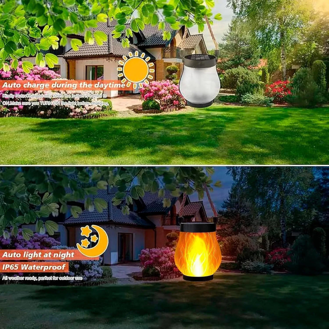 Split garden scene: unlit lantern charging in daylight above the same lantern glowing at night 4