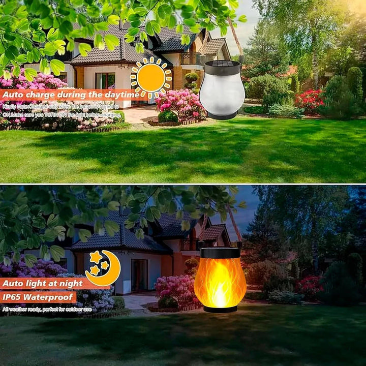 Split garden scene: unlit lantern charging in daylight above the same lantern glowing at night 4