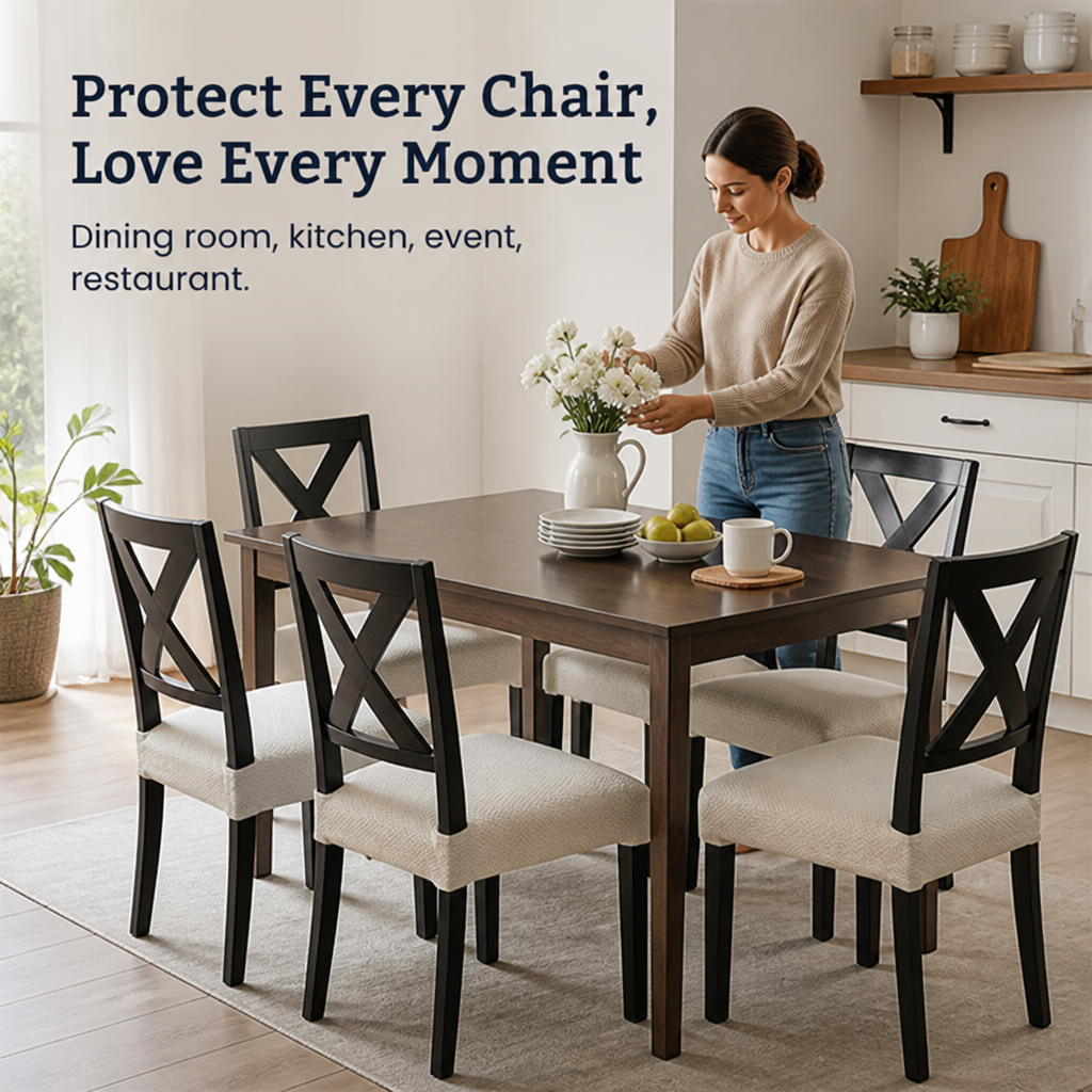 Cream seat covers on black X-back chairs around a wooden dining table.