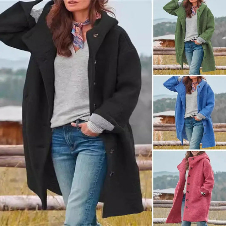 Collage showing the black coat large, with small views of the green, blue and pink versions 4