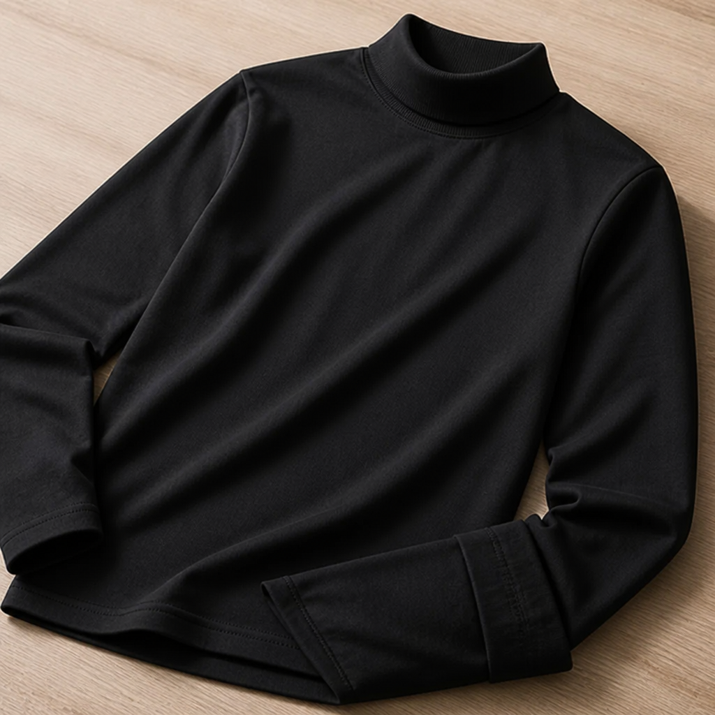 Black high-neck long sleeve tee laid flat on a light wood surface, angled with one sleeve folded over the front.