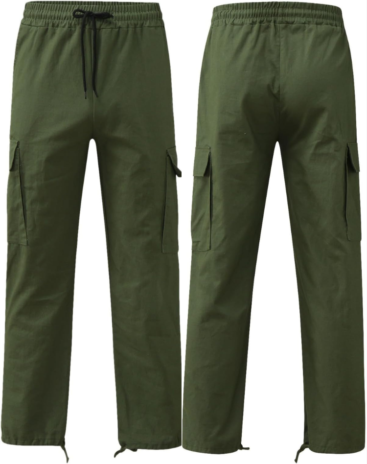 Front and back views of olive green cargo pants side by side, showing the drawstring waist, flap pockets and hem cords. 2