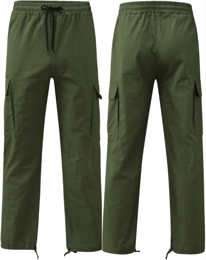 Front and back views of olive green cargo pants side by side, showing the drawstring waist, flap pockets and hem cords. 2