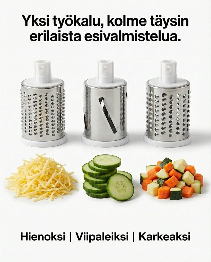 Three stainless steel drums showing fine cheese shreds, cucumber slices and diced carrot and zucchini.