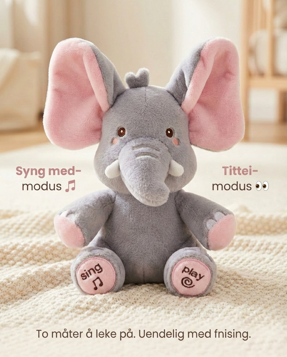 Another view of PeekaBuddy The Giggle Elephant Interactive Peekaboo Plush with feature captions around it.