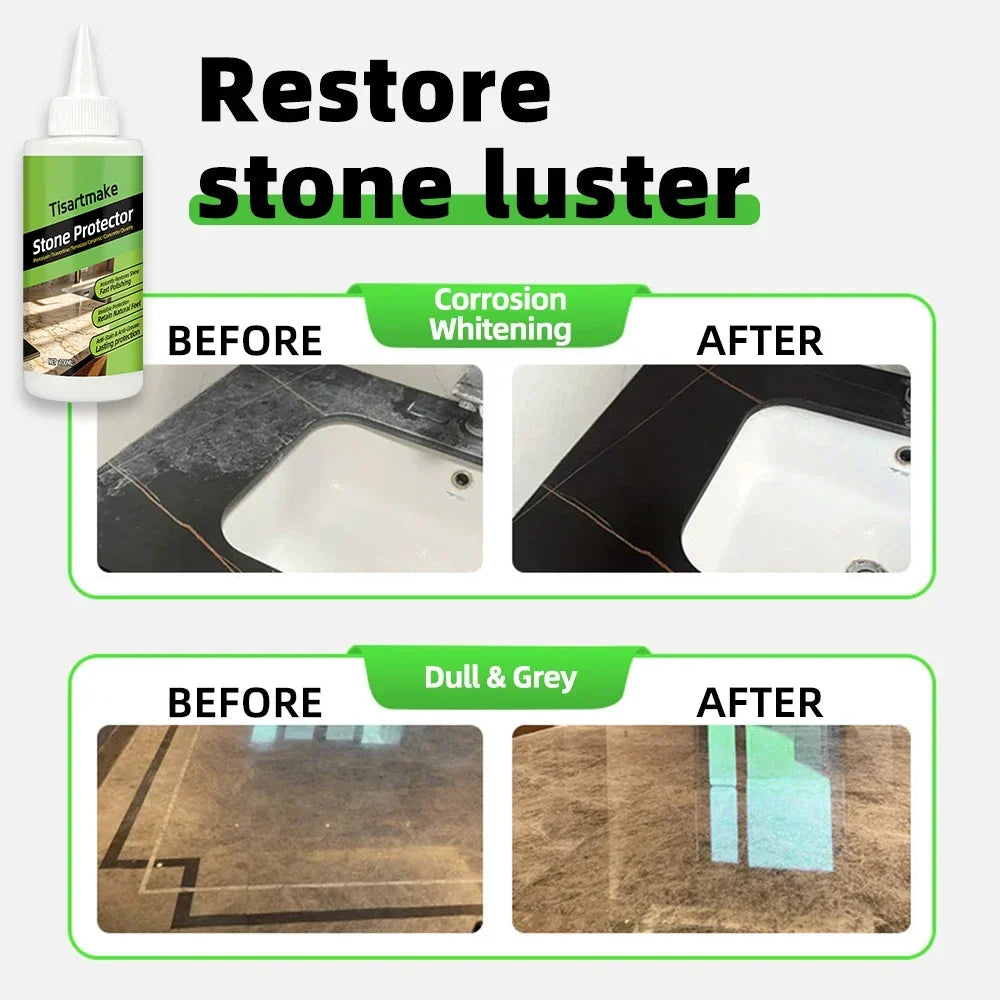 Before and after comparison of a hazy black vanity top and a dull gray tile floor, with the bottle 4