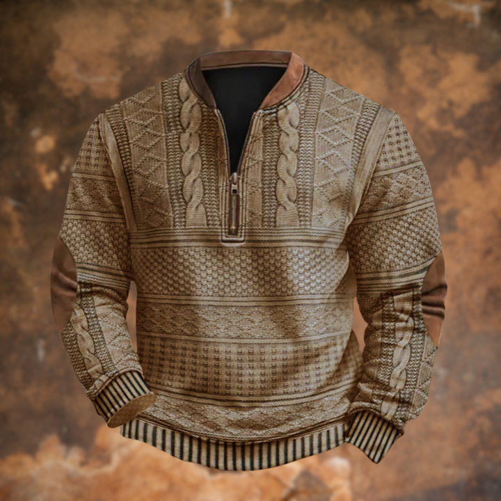 Tan beige cable-knit half-zip with striped cuffs and hem and brown elbow patches.