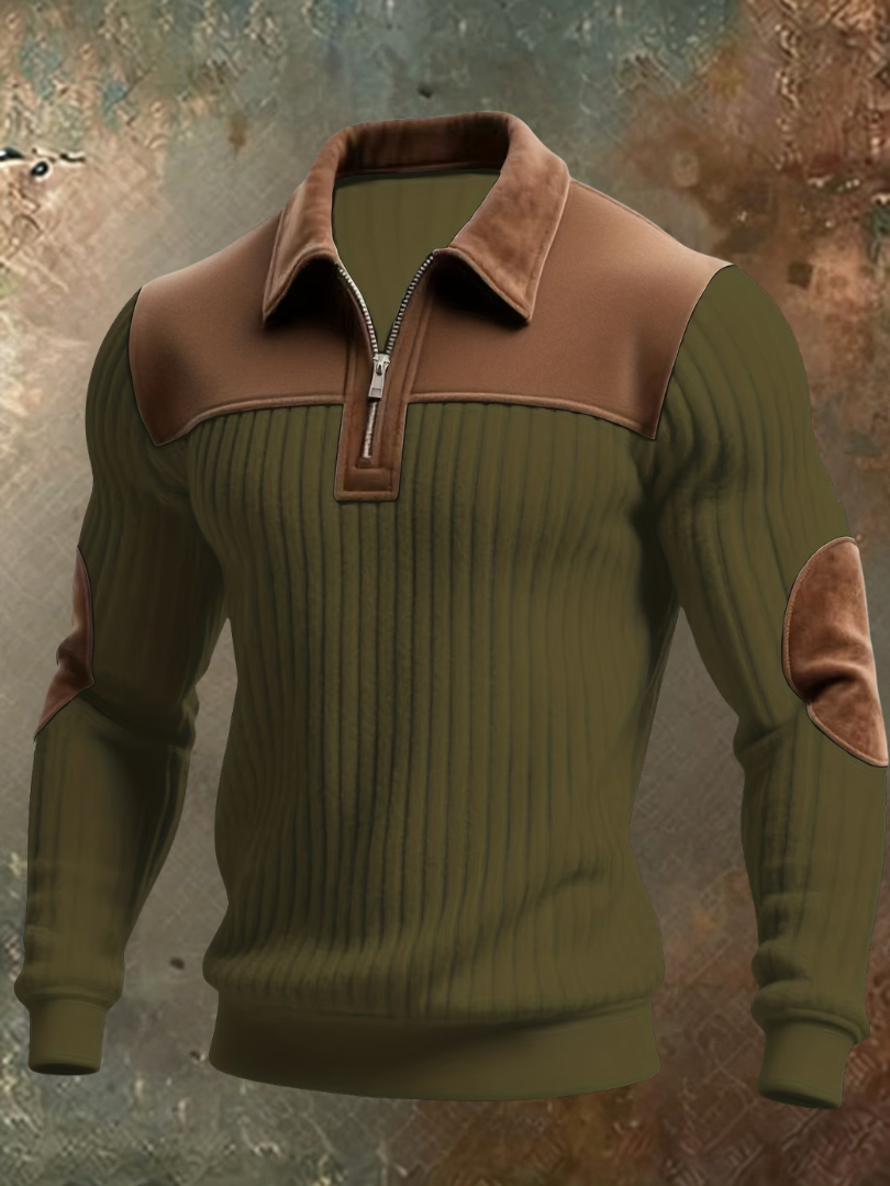 Men's ribbed quarter-zip sweater with brown suede-look collar, shoulder yoke and elbow patches, front view.