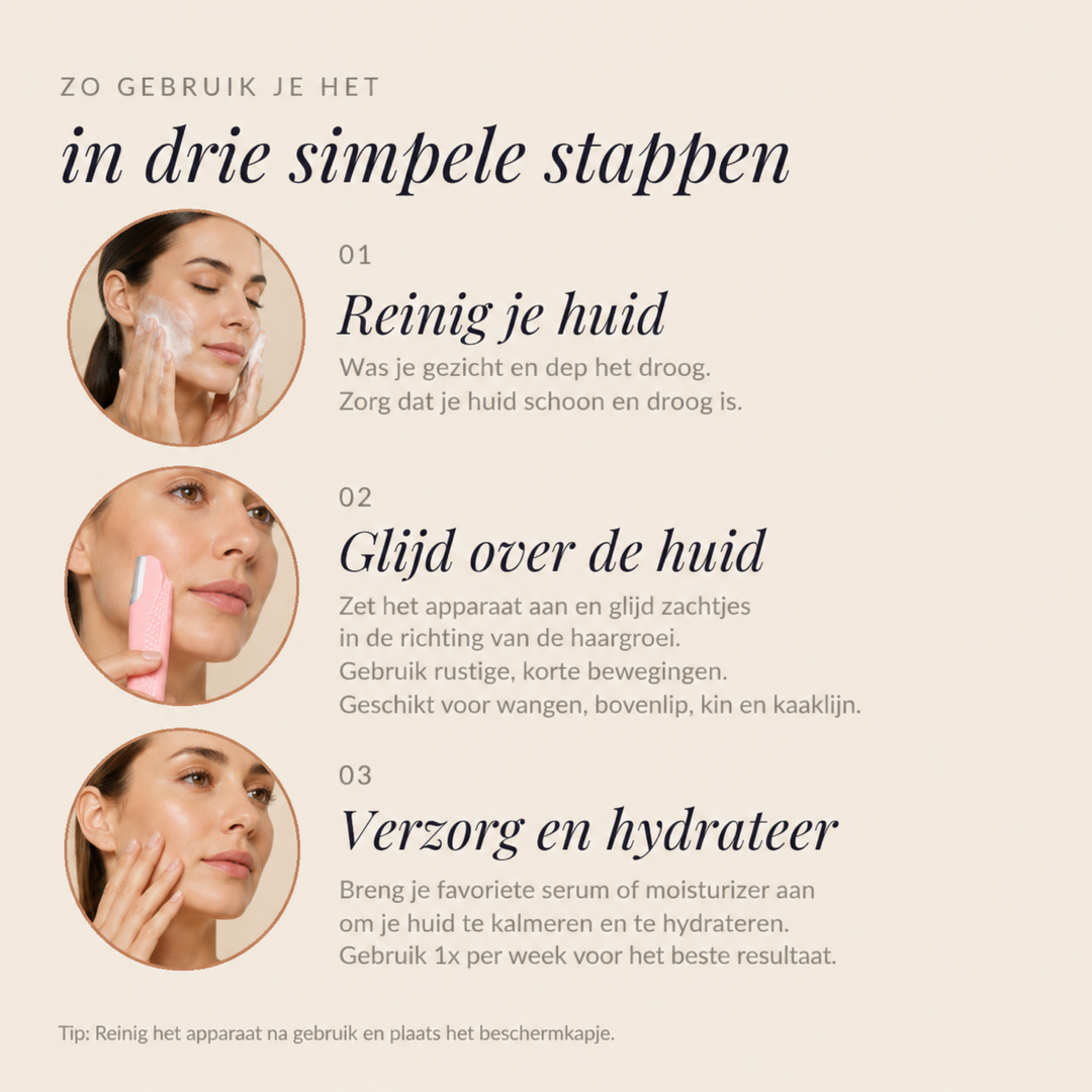 Three-step usage guide with circular photos: washing the face, gliding the pink device over the cheek, then moisturizing.