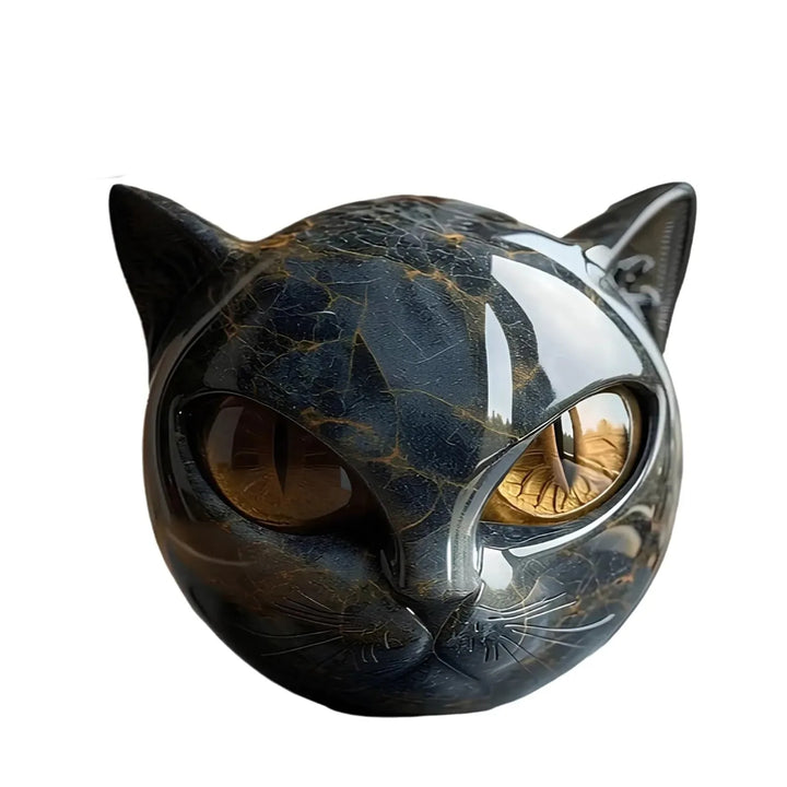 Front view of the black and gold marbled cat head with large amber eyes, cutout on white 4