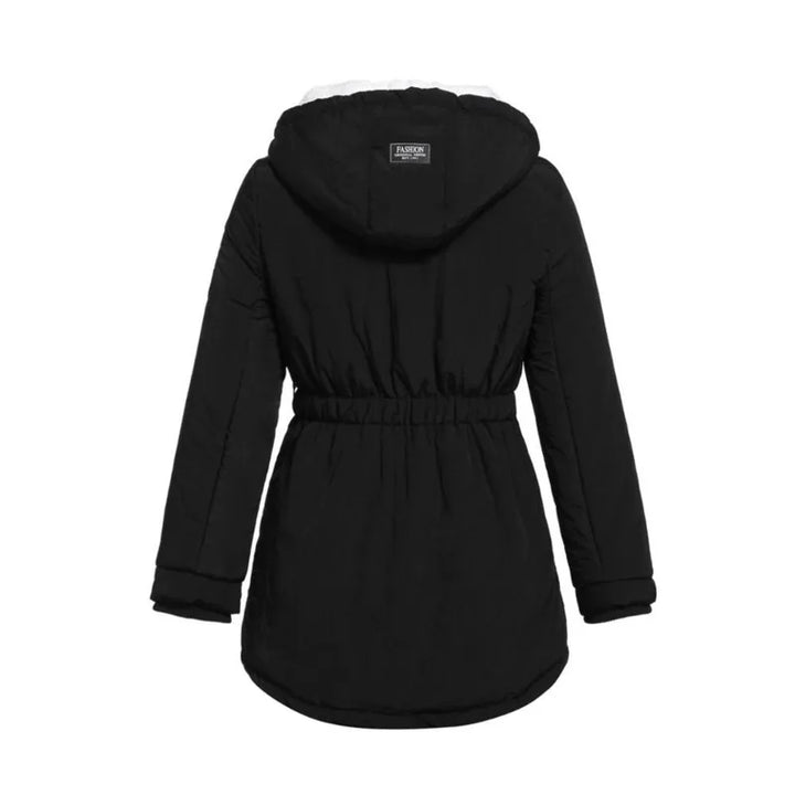 Back of the black jacket, with a gathered elastic waist and the fleece lining at the hood 4