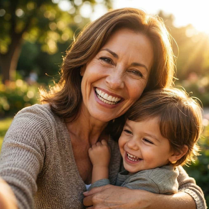 Smiling older woman with a wide, bright smile hugging a laughing young child outdoors in warm, golden sunlight. 2