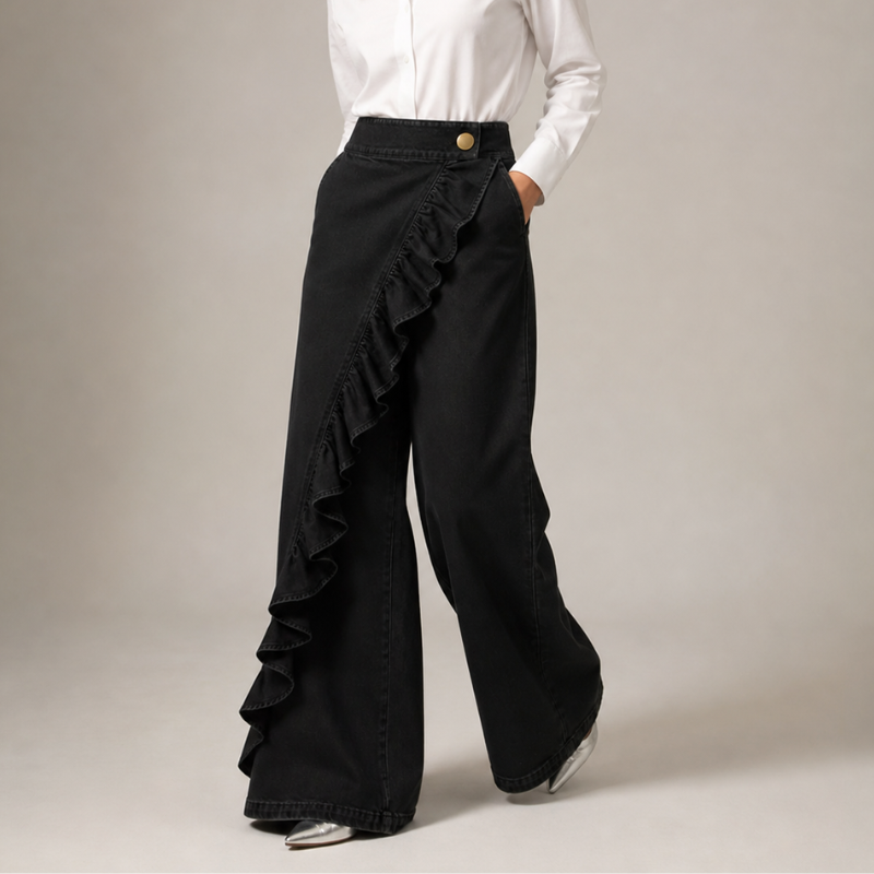 Black wide-leg denim pants with a cascading diagonal ruffle and gold button, another view.